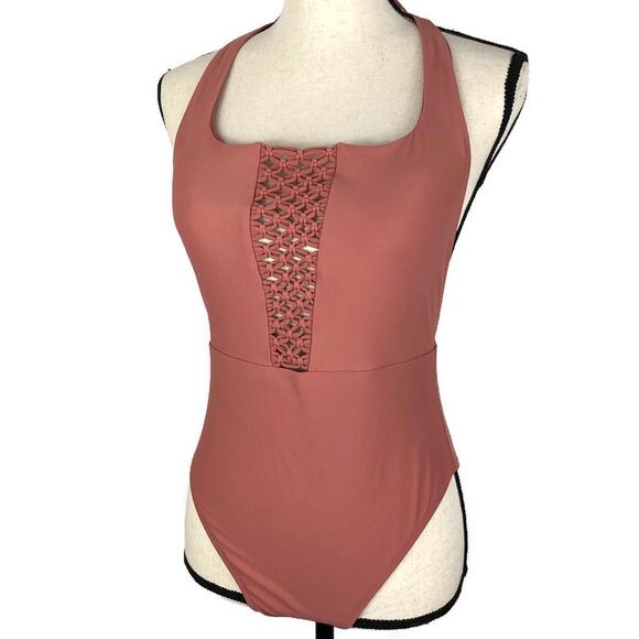 Aerie Macrame Swimsuit One Piece Halter Padded Mauve Womens Sz Med - Picture 9 of 9